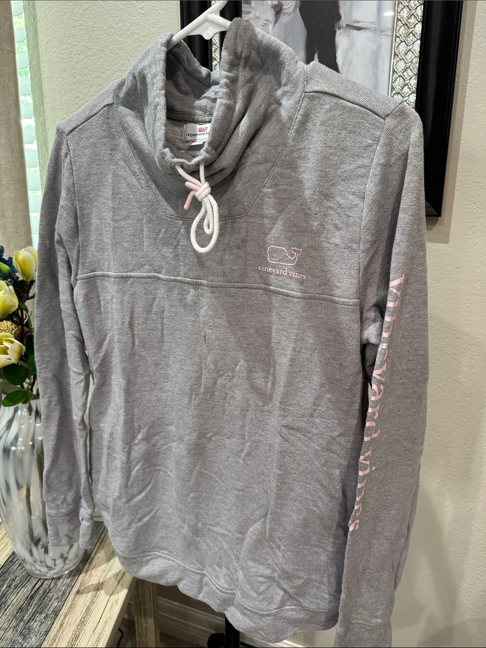Vineyard Vines Gray Cowl Neck Sweatshirt with Pink Accents